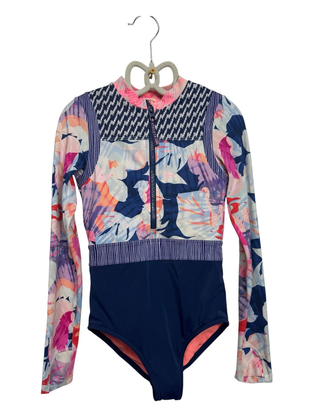 Athleta Girls' Navy & Multi Tropical Long-Sleeve One-Piece Rash Guard Swimsuit
